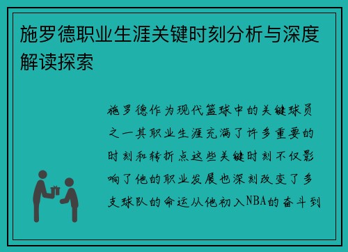 施罗德职业生涯关键时刻分析与深度解读探索