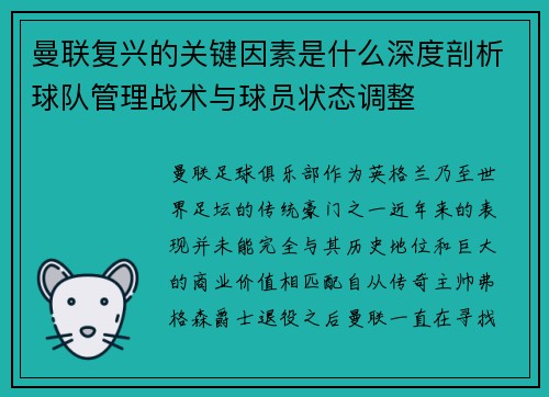 曼联复兴的关键因素是什么深度剖析球队管理战术与球员状态调整
